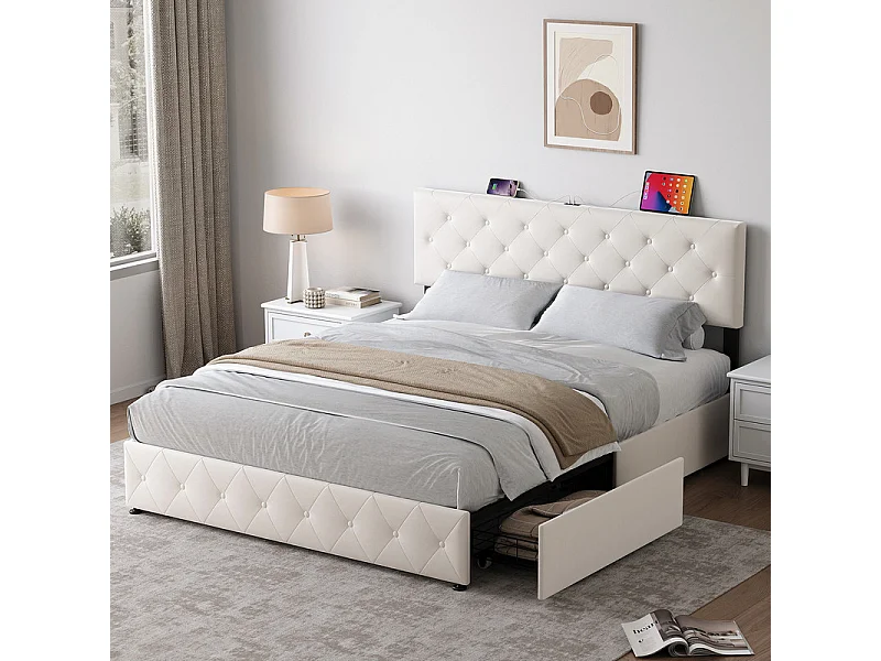 Lit Coffre 140x200 cm in Samt - mit 4 Schubladen - USB+Type-C - verstellbares Kopfteil - Beige