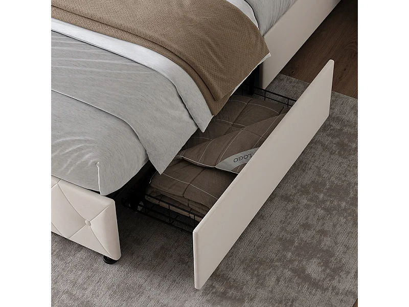 Lit Coffre 140x200 cm in Samt - mit 4 Schubladen - USB+Type-C - verstellbares Kopfteil - Beige