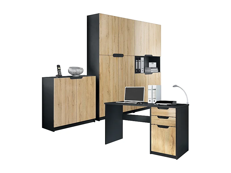 Set di mobili per ufficio Armadio e scrivania Logan, struttura in nero opaco / frontali in rovere naturale