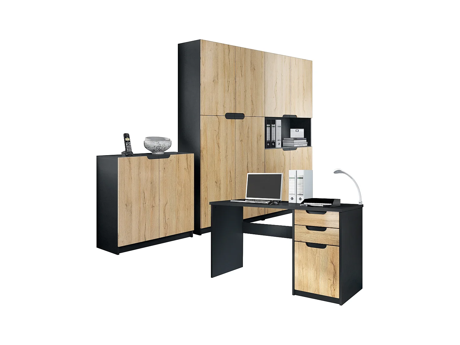Ensemble de meubles de bureau Armoire Commode Rangement Logan, Corps en noir mat / Façades en chêne nature