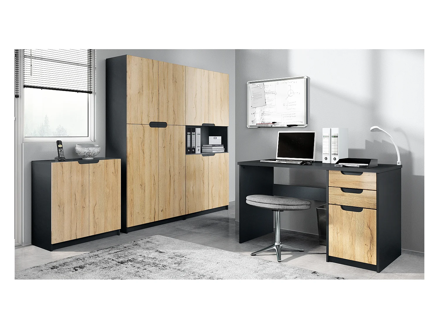 Ensemble de meubles de bureau Armoire Commode Rangement Logan, Corps en noir mat / Façades en chêne nature