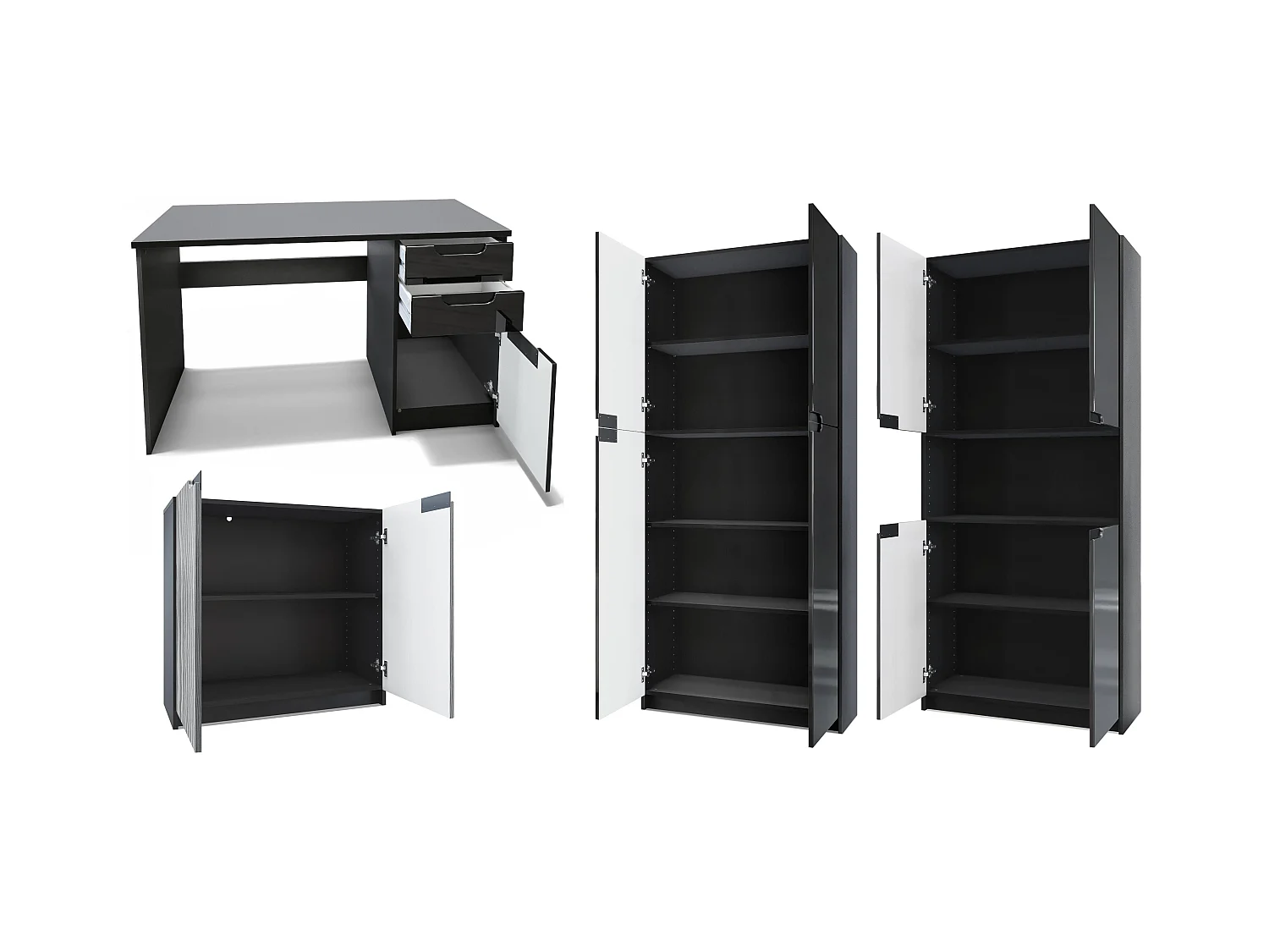 Ensemble de meubles de bureau Armoire Commode Rangement Logan, Corps en noir mat / Façades en chêne nature
