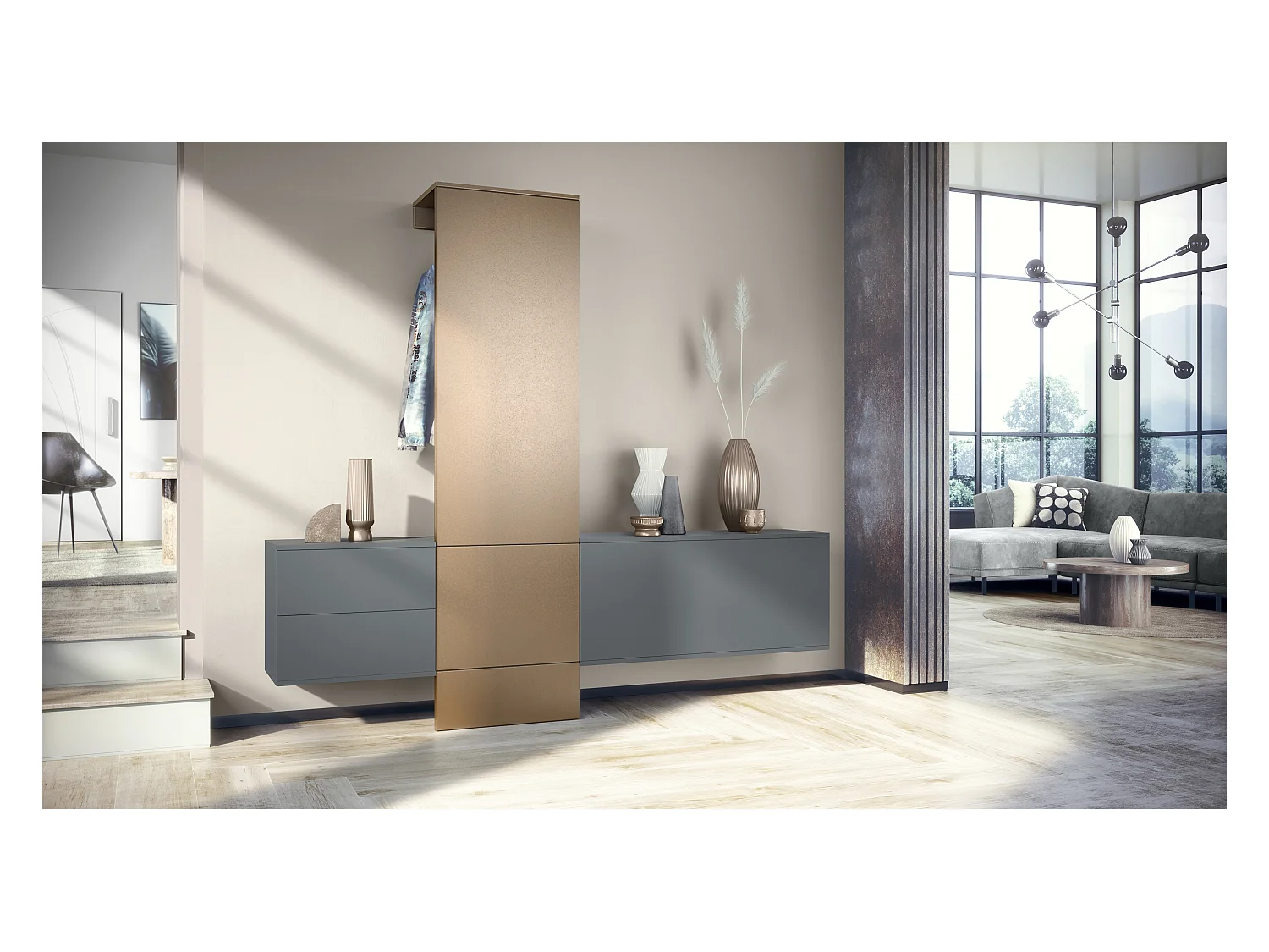Vestiaire Garderobe Carlton Set 1, Corps en anthracite mat / Panneau portemanteau en aspect bronzé (208 x 193 x 35 cm)