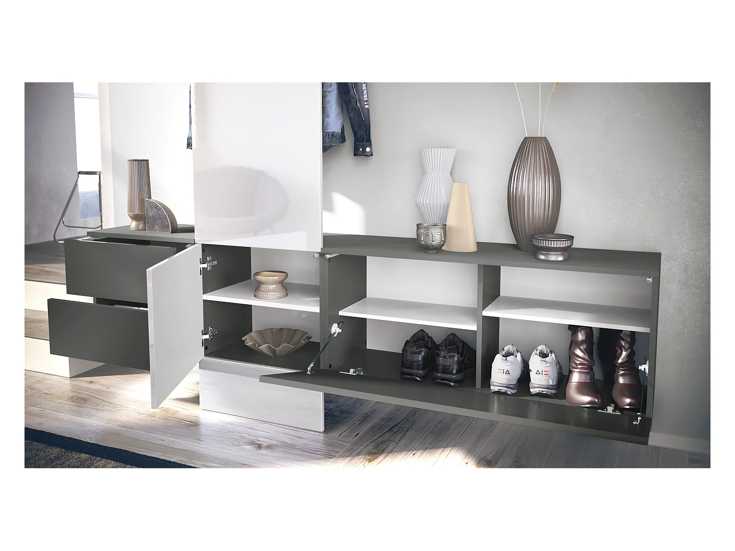 Vestiaire Garderobe Carlton Set 1, Corps en anthracite mat / Panneau portemanteau en aspect bronzé (208 x 193 x 35 cm)