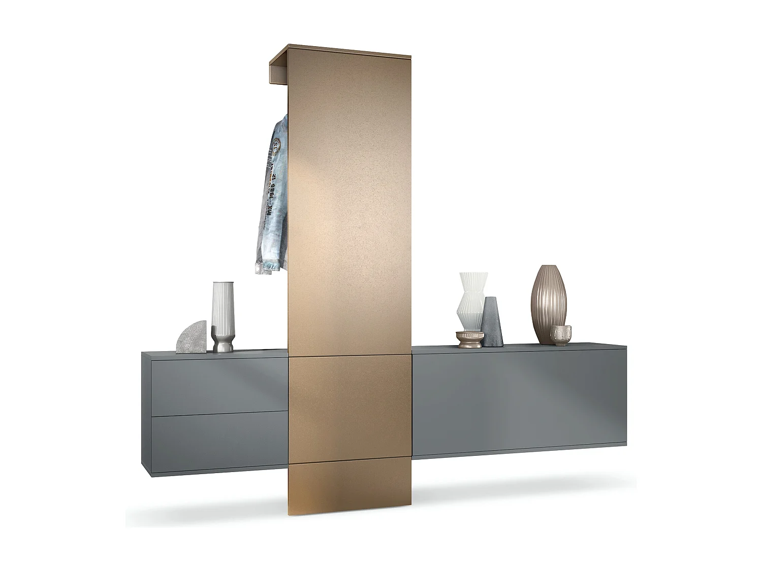 Vestiaire Garderobe Carlton Set 1, Corps en anthracite mat / Panneau portemanteau en aspect bronzé (208 x 193 x 35 cm)