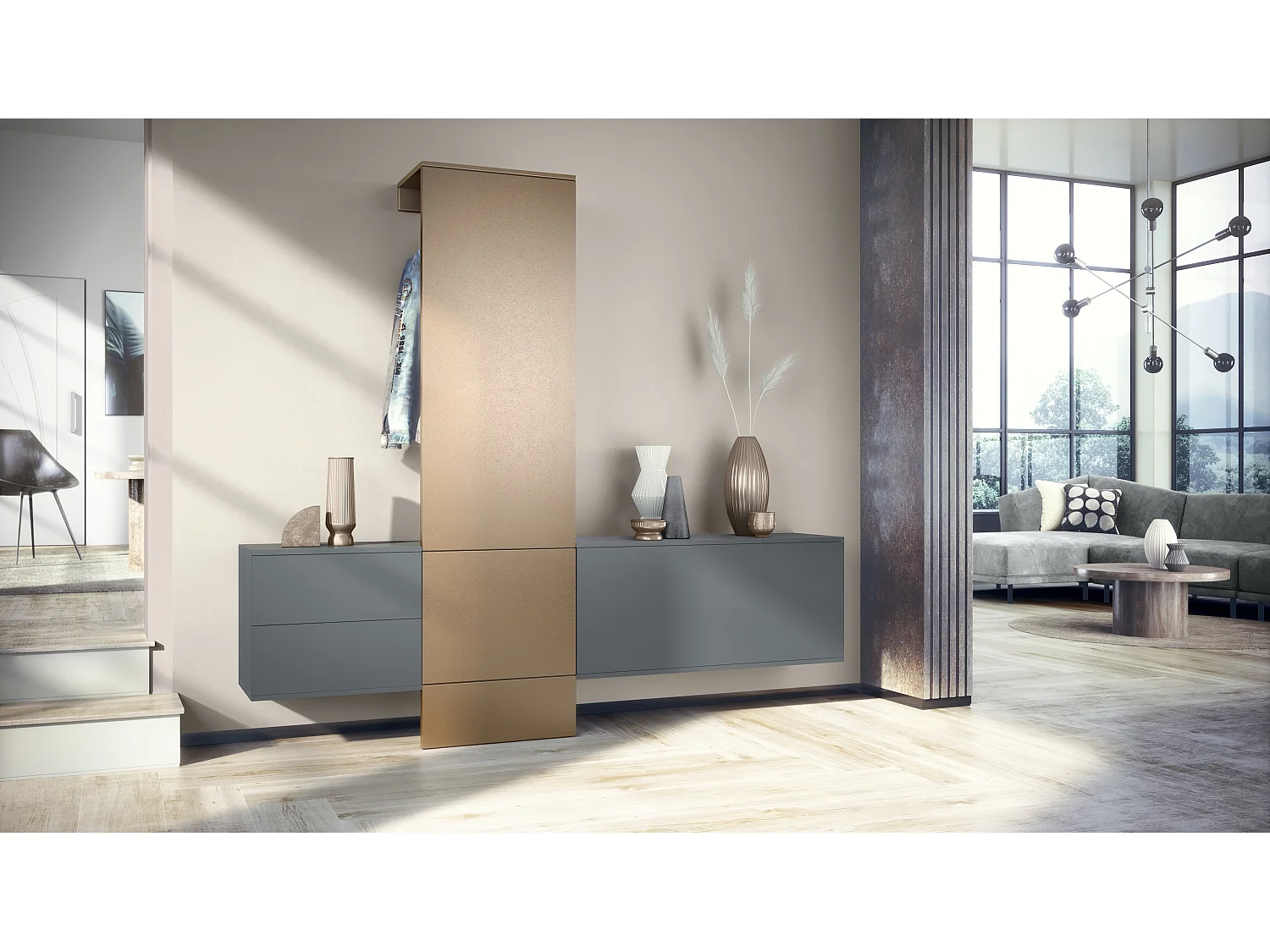 Vestiaire Garderobe Carlton Set 1, Corps en anthracite mat / Panneau portemanteau en aspect bronzé (208 x 193 x 35 cm)