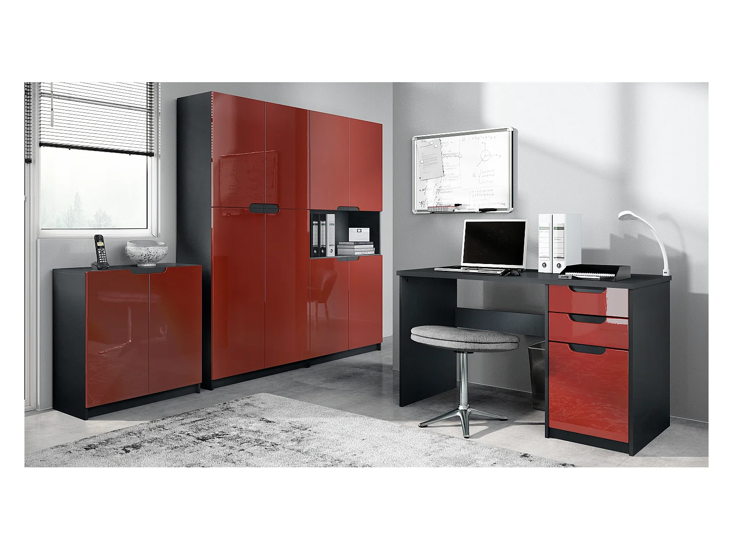 Ensemble de meubles de bureau Armoire Commode Rangement Logan, Corps en noir mat / Façades en bordeaux haute brillance