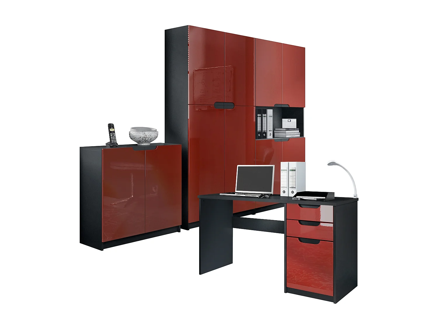 Ensemble de meubles de bureau Armoire Commode Rangement Logan, Corps en noir mat / Façades en bordeaux haute brillance
