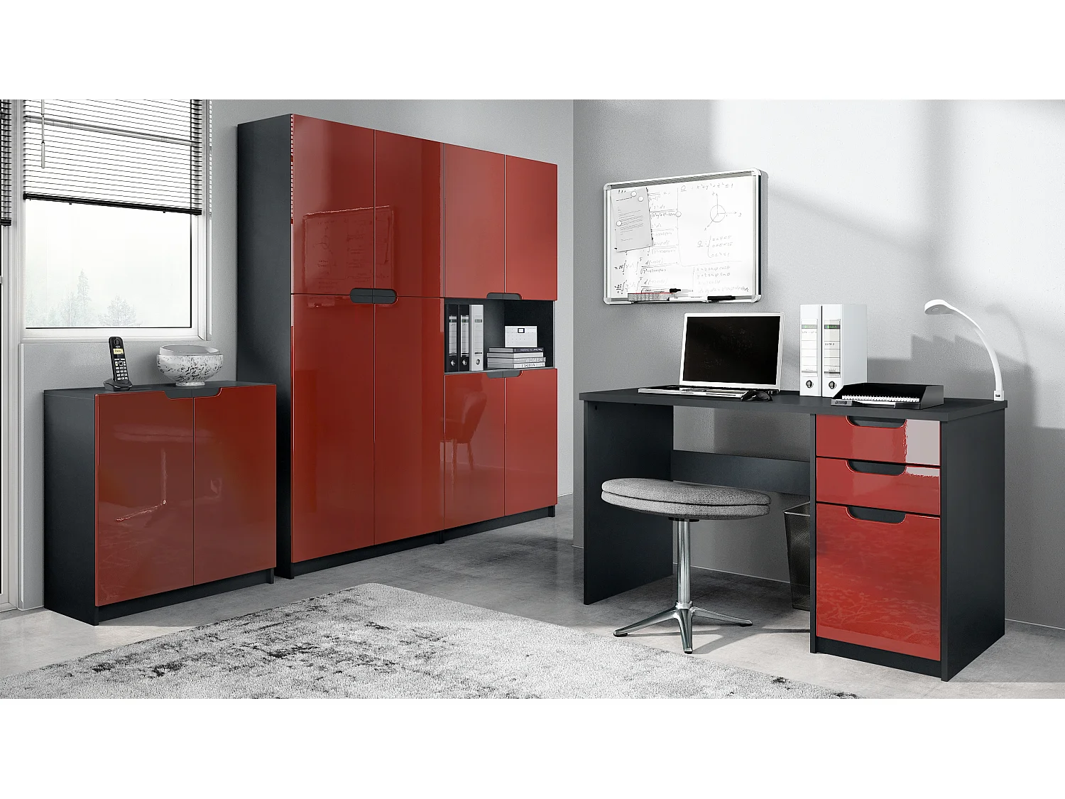 Ensemble de meubles de bureau Armoire Commode Rangement Logan, Corps en noir mat / Façades en bordeaux haute brillance