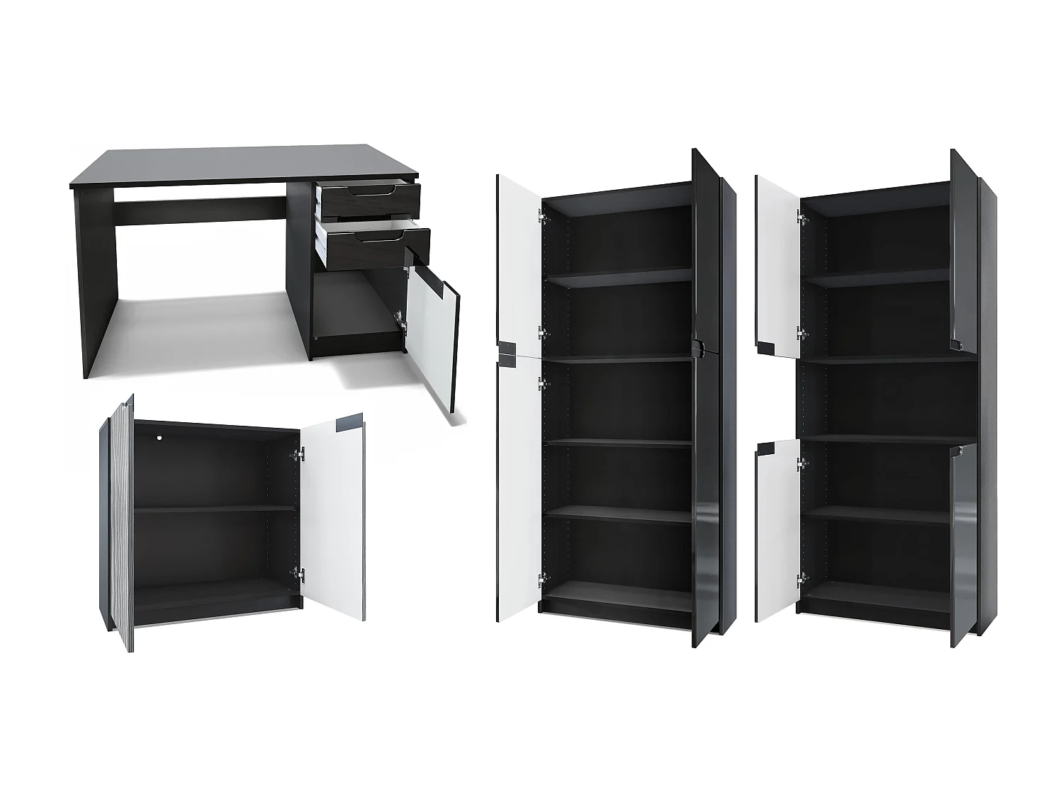 Ensemble de meubles de bureau Armoire Commode Rangement Logan, Corps en noir mat / Façades en bordeaux haute brillance