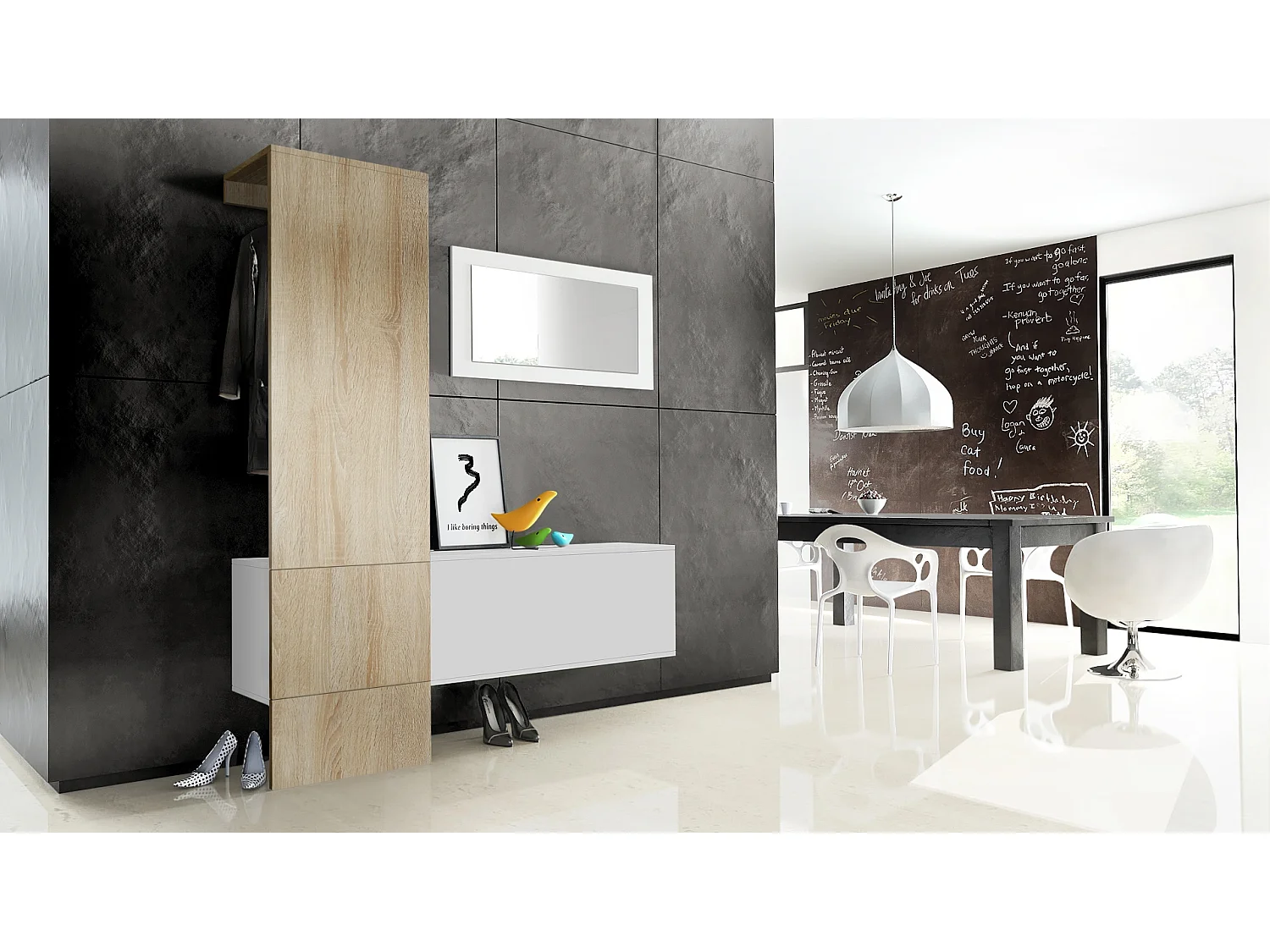 Penderie Carlton Set 4, Meuble d’entrée comprenant 1 panneau porte-manteaux, 1 module de commode et 1 miroir mural, Blanc mat/chêne brut (156 x 193 x 35 cm)