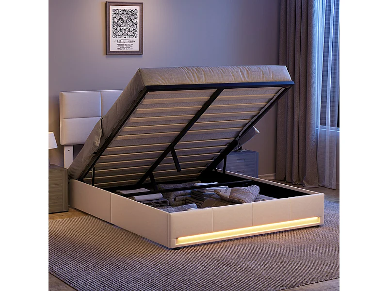 Lit coffre 160x200 cm met verstelbaar hoofdeinde - RGB-LED - USB+Type-C - in fluweel - Beige