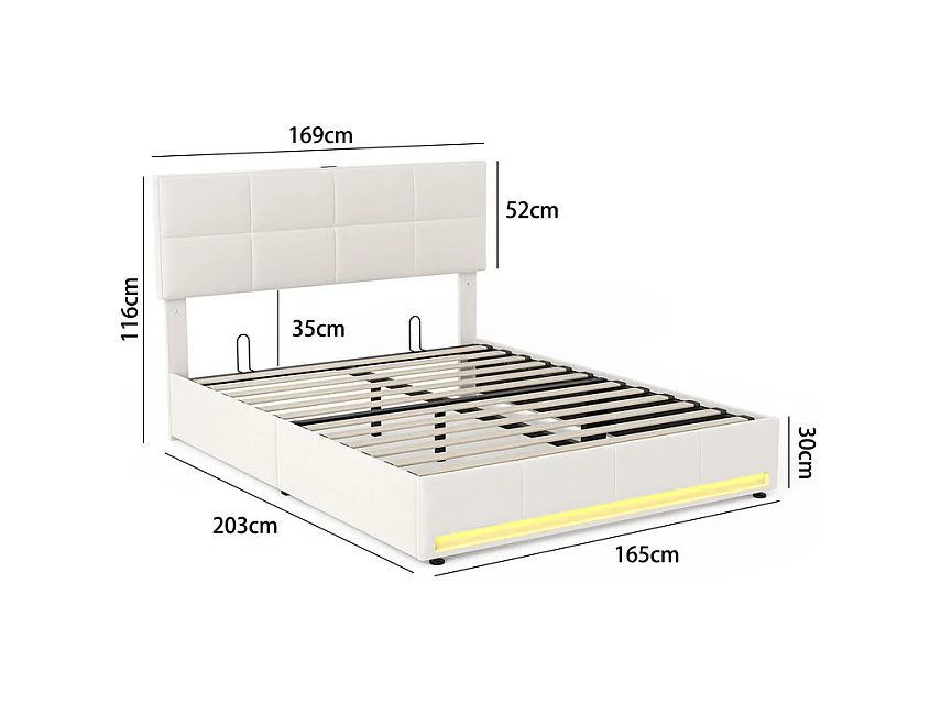Lit coffre 160x200cm avec tête de lit réglable - LED RGB - USB+Type-C - en velours - Beige