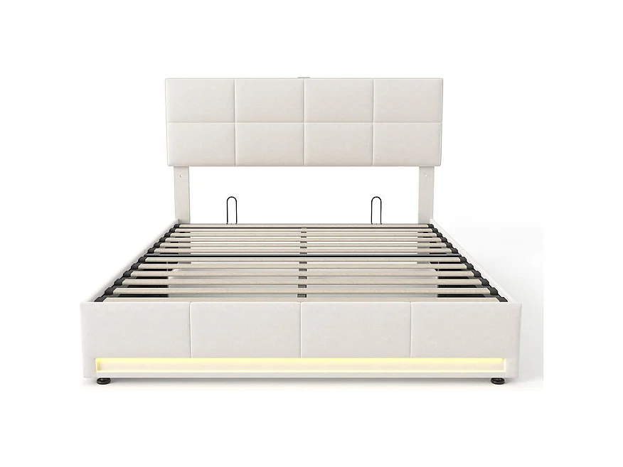 Lit coffre 160x200cm avec tête de lit réglable - LED RGB - USB+Type-C - en velours - Beige