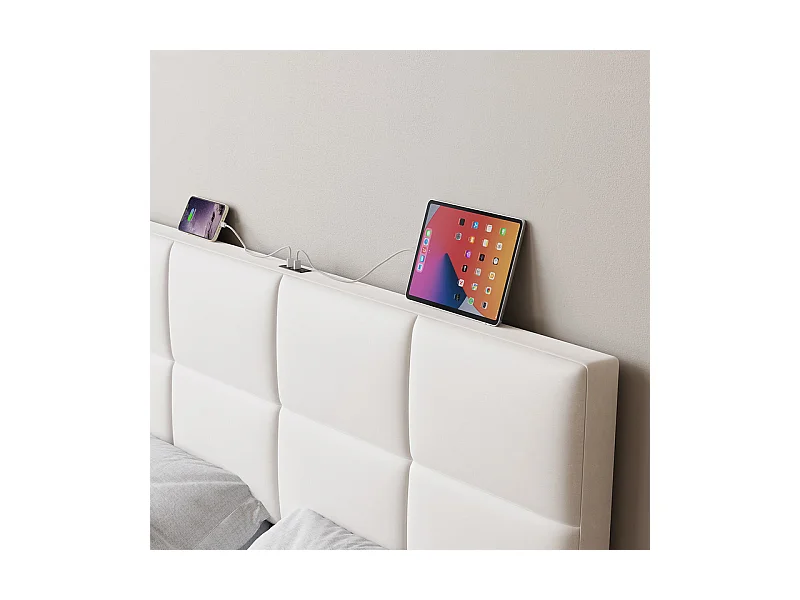 Lit coffre 160x200cm avec tête de lit réglable - LED RGB - USB+Type-C - en velours - Beige