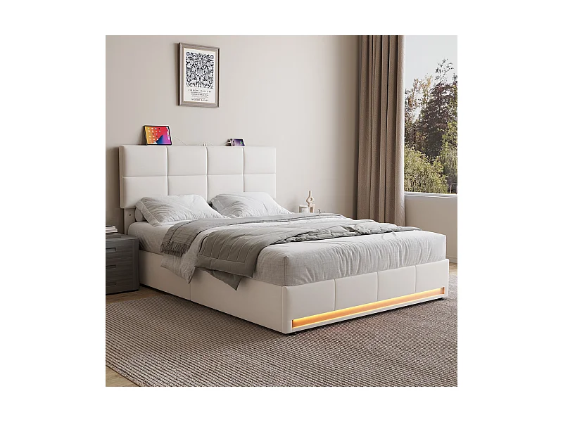 Lit coffre 160x200cm avec tête de lit réglable - LED RGB - USB+Type-C - en velours - Beige