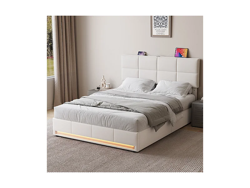 Lit coffre 160x200cm avec tête de lit réglable - LED RGB - USB+Type-C - en velours - Beige