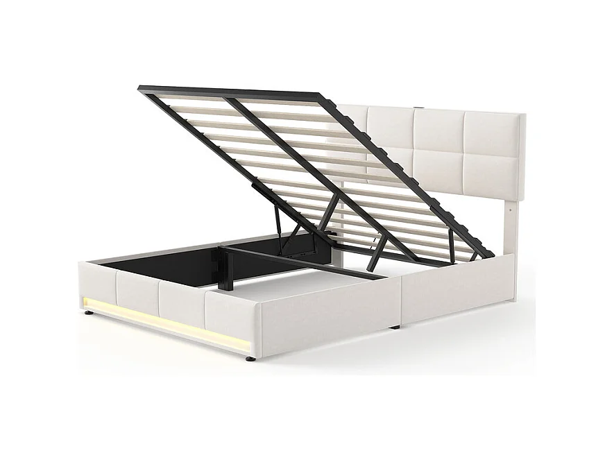 Lit coffre 160x200cm avec tête de lit réglable - LED RGB - USB+Type-C - en velours - Beige
