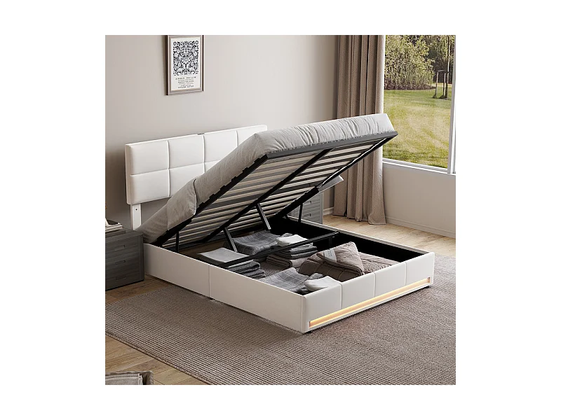 Lit coffre 160x200cm avec tête de lit réglable - LED RGB - USB+Type-C - en velours - Beige