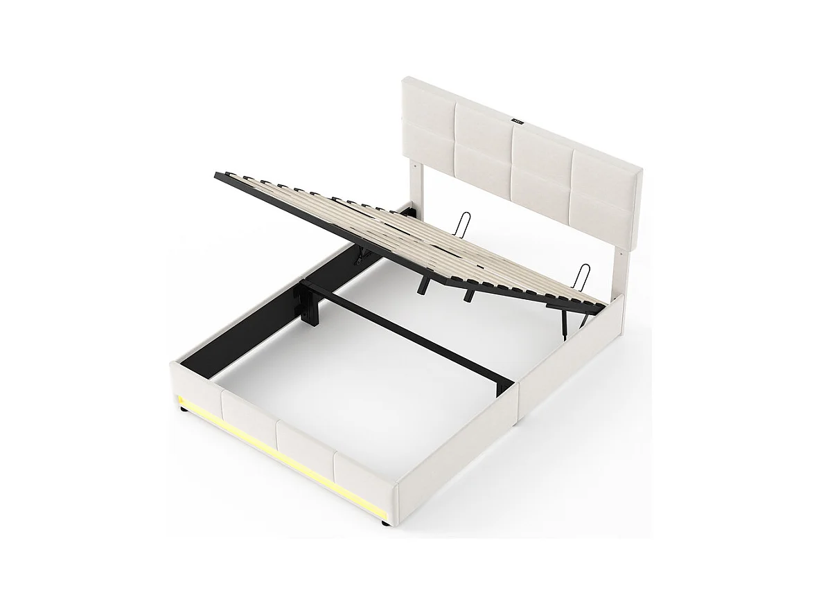Lit coffre 160x200cm avec tête de lit réglable - LED RGB - USB+Type-C - en velours - Beige