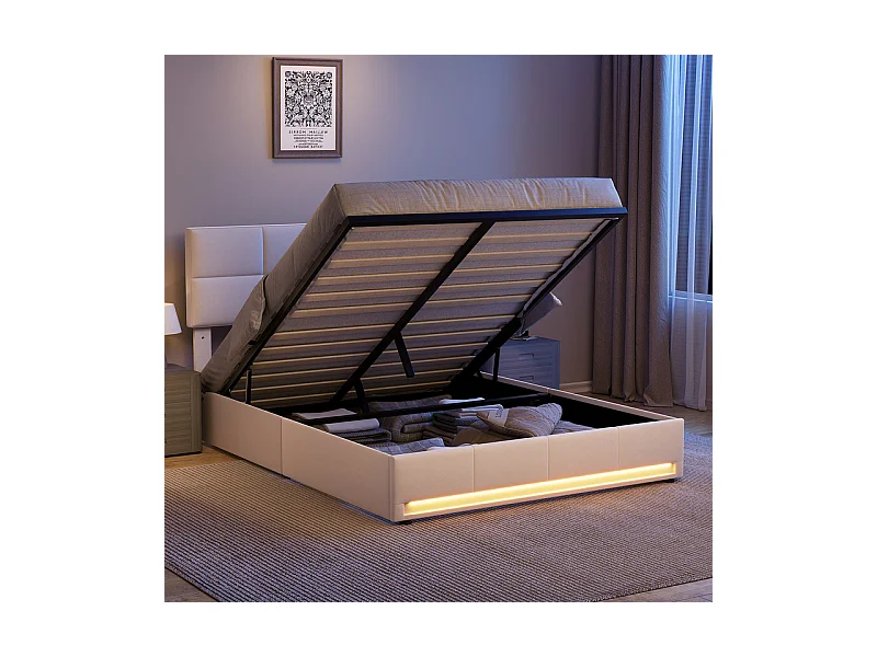 Lit coffre 160x200 cm met verstelbaar hoofdeinde - RGB-LED - USB+Type-C - in fluweel - Beige