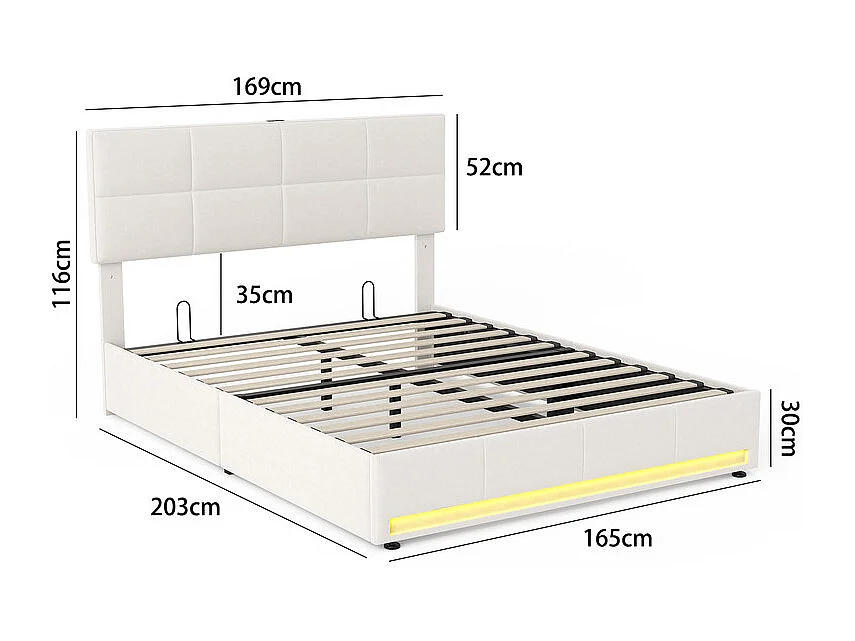 Lit coffre 160x200 cm mit verstellbarem Kopfteil - RGB-LED - USB+Type-C - in Samt - Beige