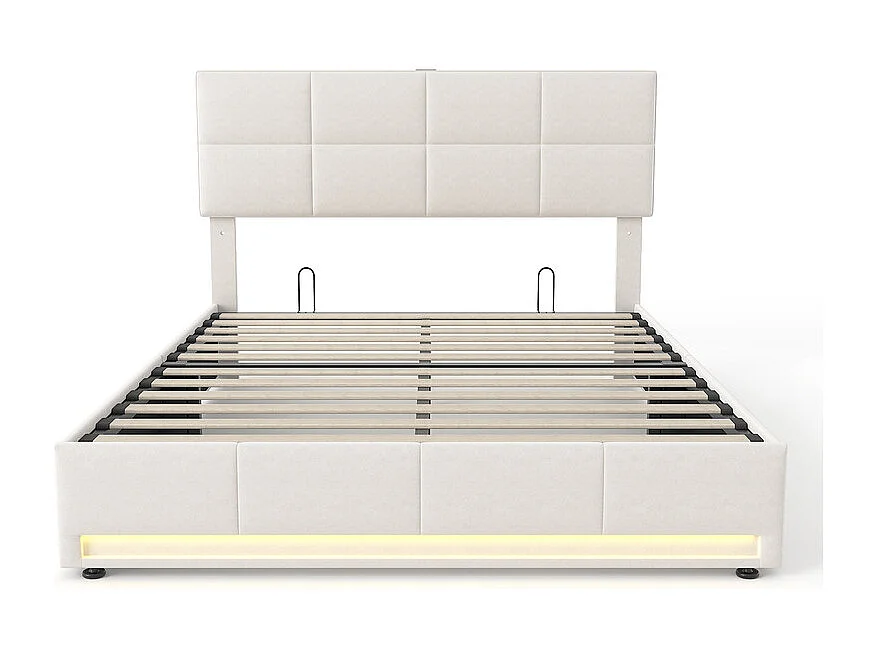 Lit coffre 160x200 cm mit verstellbarem Kopfteil - RGB-LED - USB+Type-C - in Samt - Beige