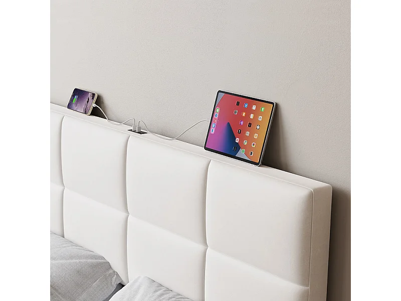 Lit coffre 160x200 cm mit verstellbarem Kopfteil - RGB-LED - USB+Type-C - in Samt - Beige