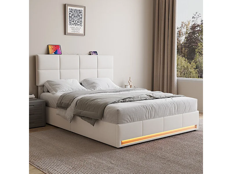 Lit coffre 160x200 cm mit verstellbarem Kopfteil - RGB-LED - USB+Type-C - in Samt - Beige