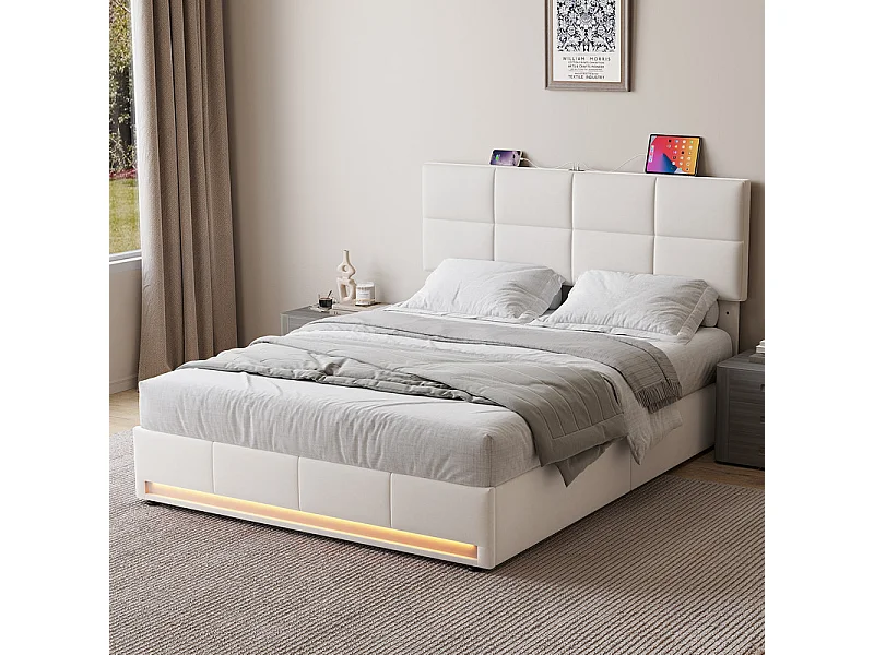 Lit coffre 160x200 cm mit verstellbarem Kopfteil - RGB-LED - USB+Type-C - in Samt - Beige