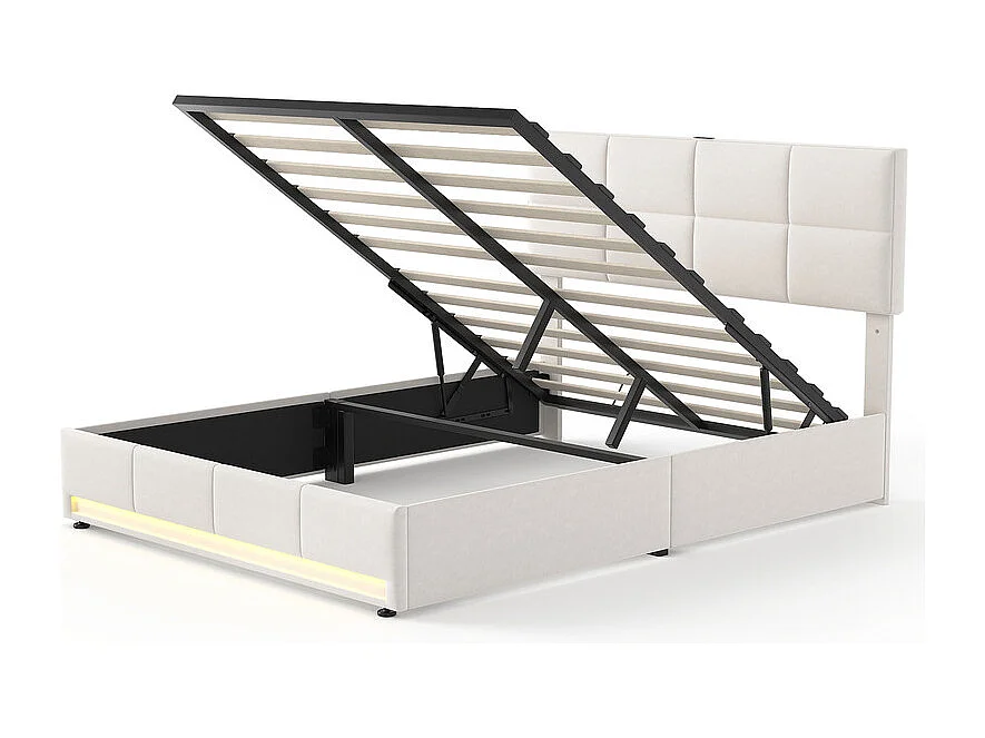 Lit coffre 160x200 cm mit verstellbarem Kopfteil - RGB-LED - USB+Type-C - in Samt - Beige