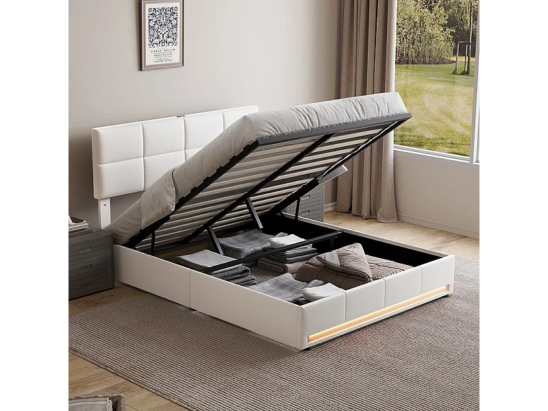 Lit coffre 160x200 cm mit verstellbarem Kopfteil - RGB-LED - USB+Type-C - in Samt - Beige