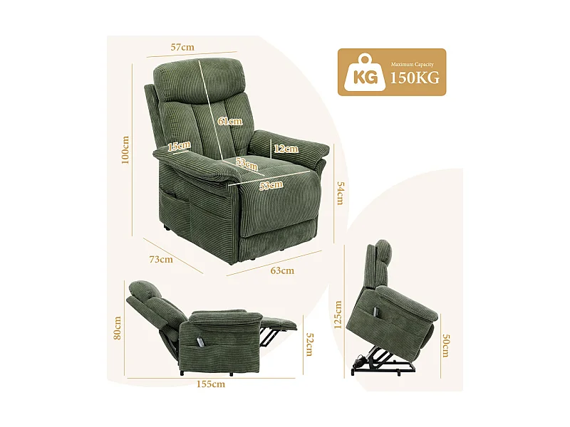 Sillón relax de pana con elevador eléctrico, mando a distancia, bolsillo lateral, ajustable de 90° a 160°, Verde