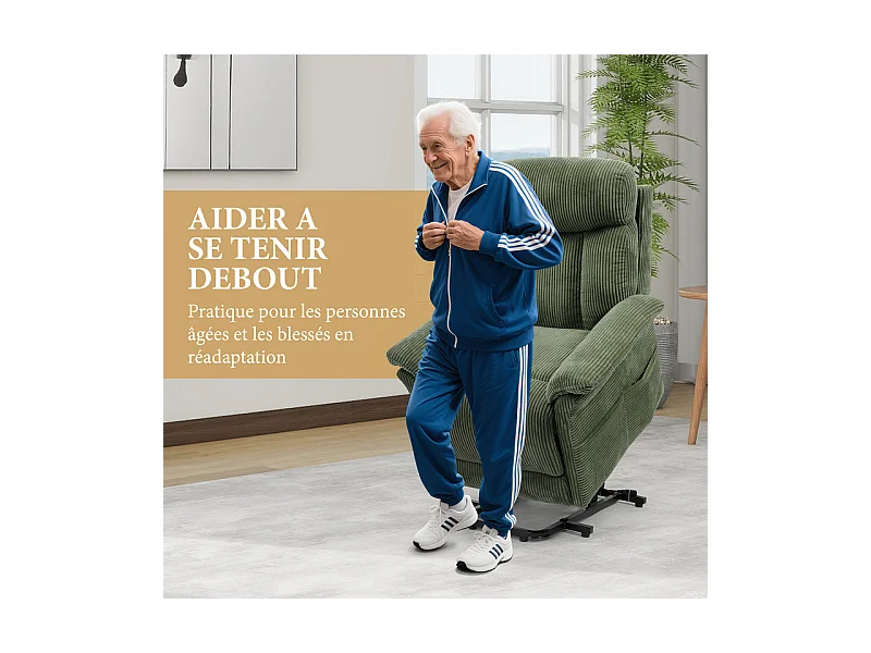 Sillón relax de pana con elevador eléctrico, mando a distancia, bolsillo lateral, ajustable de 90° a 160°, Verde