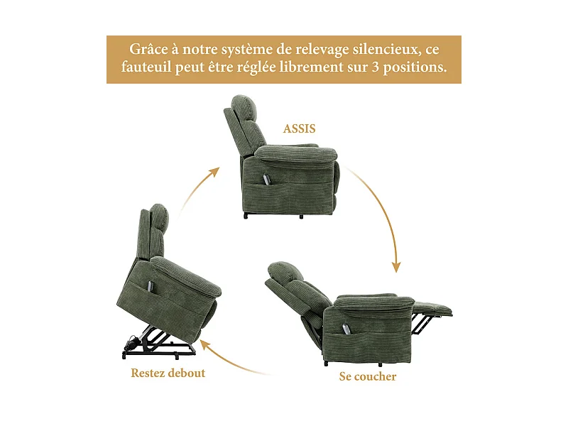 Sillón relax de pana con elevador eléctrico, mando a distancia, bolsillo lateral, ajustable de 90° a 160°, Verde