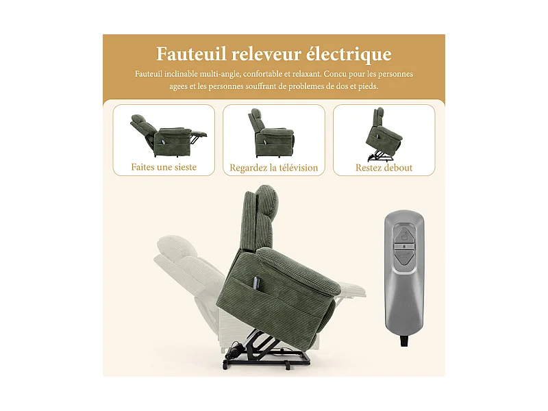 Sillón relax de pana con elevador eléctrico, mando a distancia, bolsillo lateral, ajustable de 90° a 160°, Verde