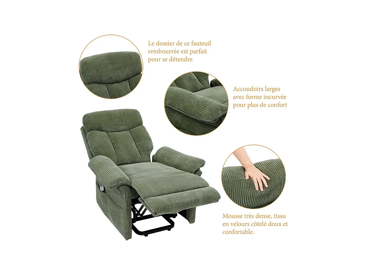 Sillón relax de pana con elevador eléctrico, mando a distancia, bolsillo lateral, ajustable de 90° a 160°, Verde