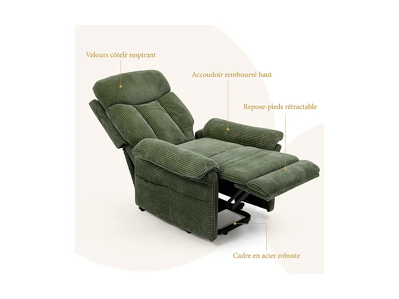 Sillón relax de pana con elevador eléctrico, mando a distancia, bolsillo lateral, ajustable de 90° a 160°, Verde