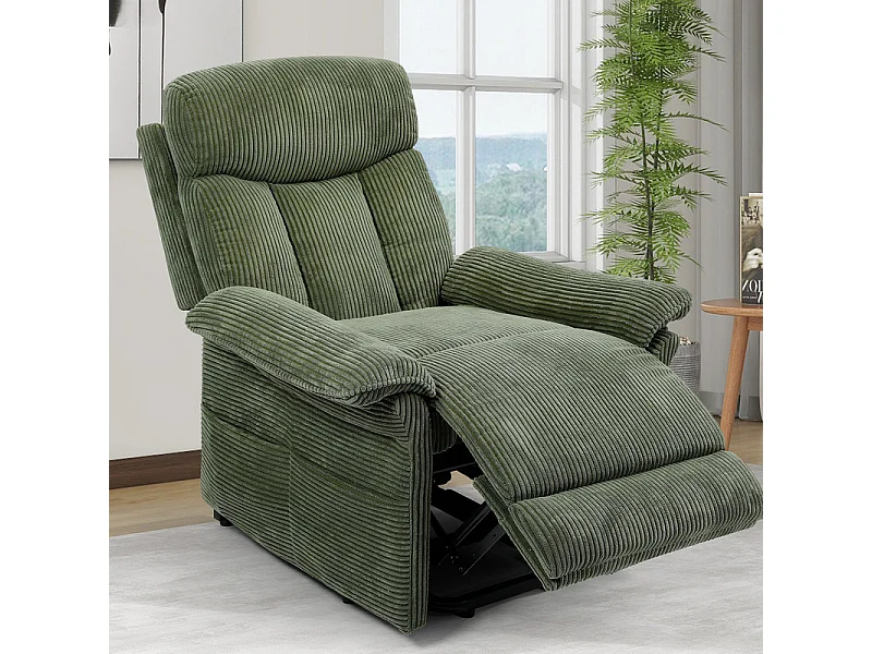 Fauteuil relax en velours côtelé avec releveur électrique, télécommande, poche latérale, réglable 90 à 160°, Vert