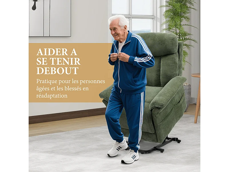 Fauteuil relax en velours côtelé avec releveur électrique, télécommande, poche latérale, réglable 90 à 160°, Vert