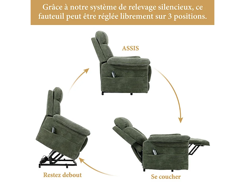 Fauteuil relax en velours côtelé avec releveur électrique, télécommande, poche latérale, réglable 90 à 160°, Vert