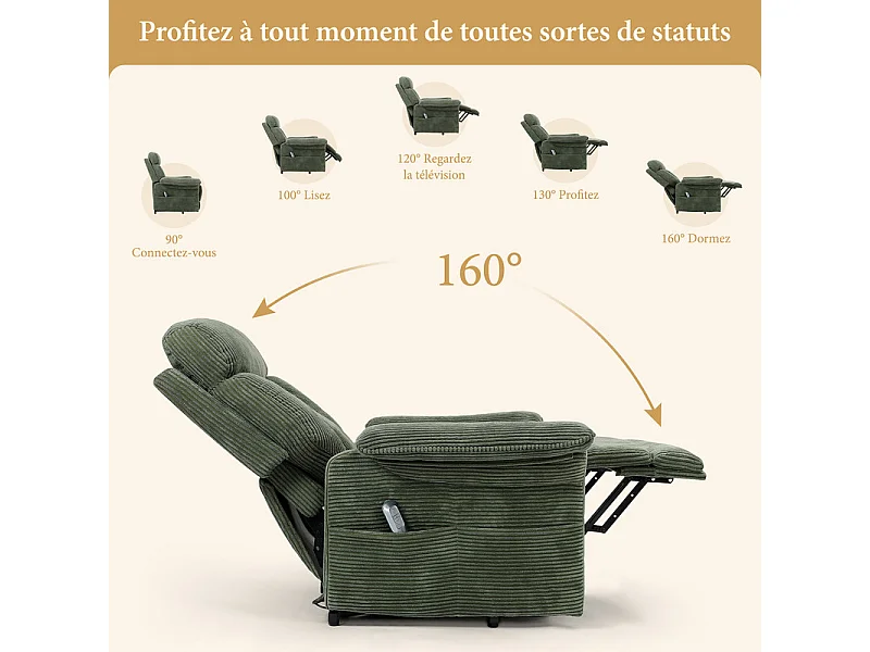 Fauteuil relax en velours côtelé avec releveur électrique, télécommande, poche latérale, réglable 90 à 160°, Vert
