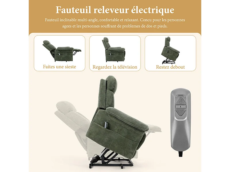 Fauteuil relax en velours côtelé avec releveur électrique, télécommande, poche latérale, réglable 90 à 160°, Vert