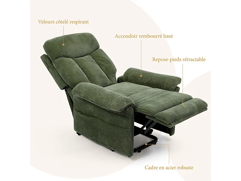 Fauteuil relax en velours côtelé avec releveur électrique, télécommande, poche latérale, réglable 90 à 160°, Vert