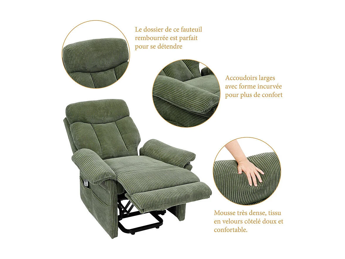 Fauteuil relax en velours côtelé avec releveur électrique, télécommande, poche latérale, réglable 90 à 160°, Vert