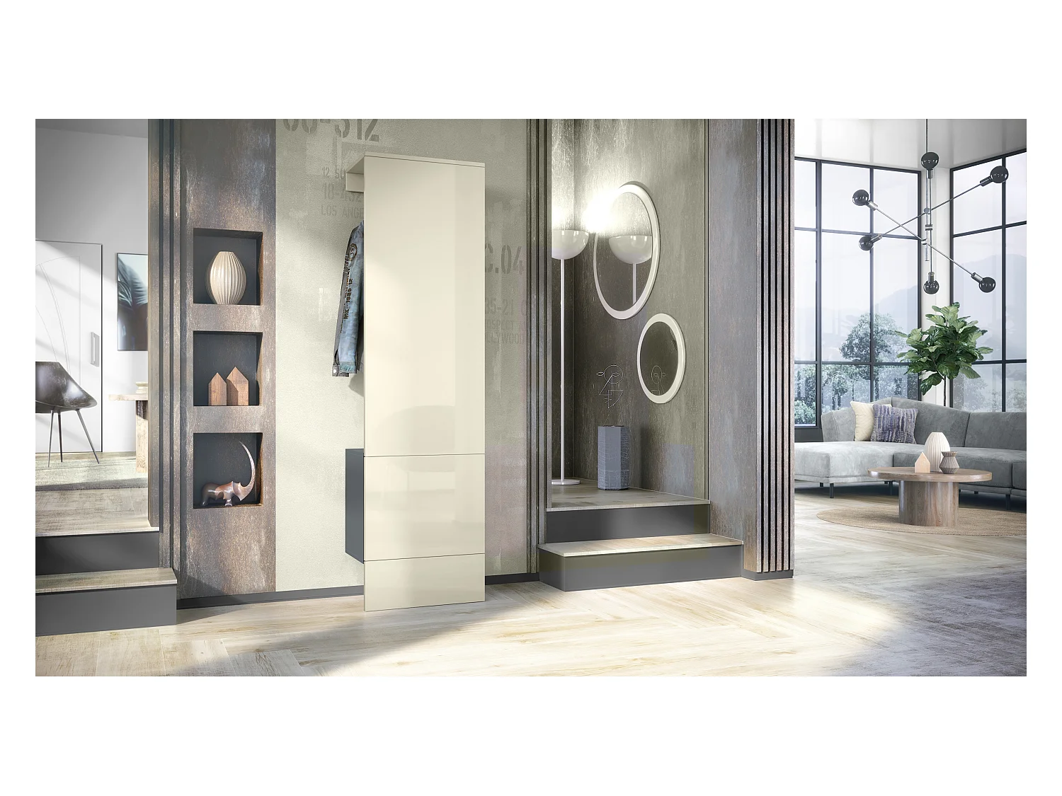 Penderie Carlton Set 5, Meuble d’entrée comprenant 1 panneau porte-manteau avec porte intégrée et 1 tringle, anthracite mat/crème brillant (52 x 193 x 35 cm)