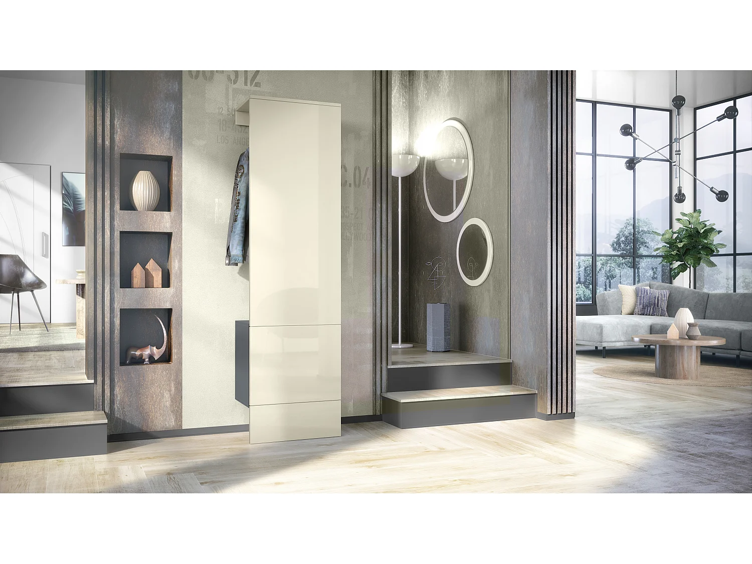 Penderie Carlton Set 5, Meuble d’entrée comprenant 1 panneau porte-manteau avec porte intégrée et 1 tringle, anthracite mat/crème brillant (52 x 193 x 35 cm)