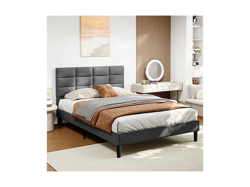 Cama casal acolchoada 140x200 cm em linho, com cabeceira e soalho de ripas, Cinza antracite