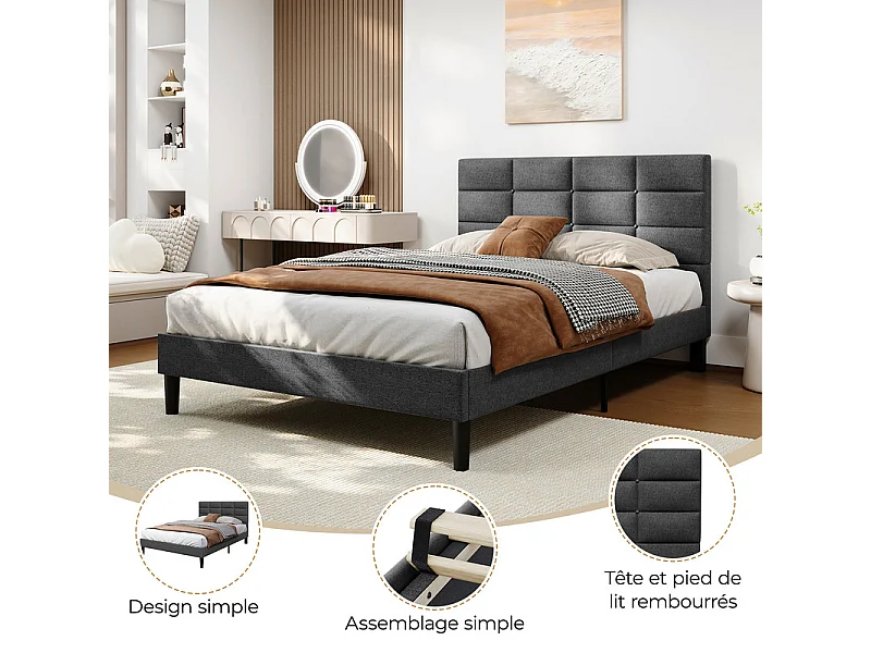 Lit double rembourré 140x200cm en lin, avec tête de lit et sommier à lattes, Gris anthracite