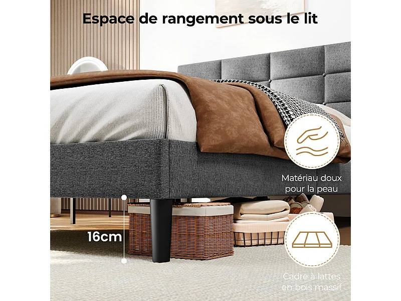Lit double rembourré 140x200cm en lin, avec tête de lit et sommier à lattes, Gris anthracite